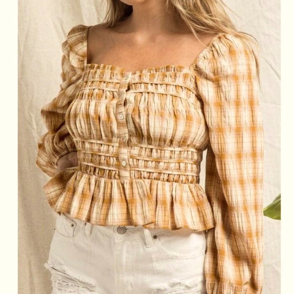 Bohme Brown Beige Plaid Smocked Blouse Size Large NWOT